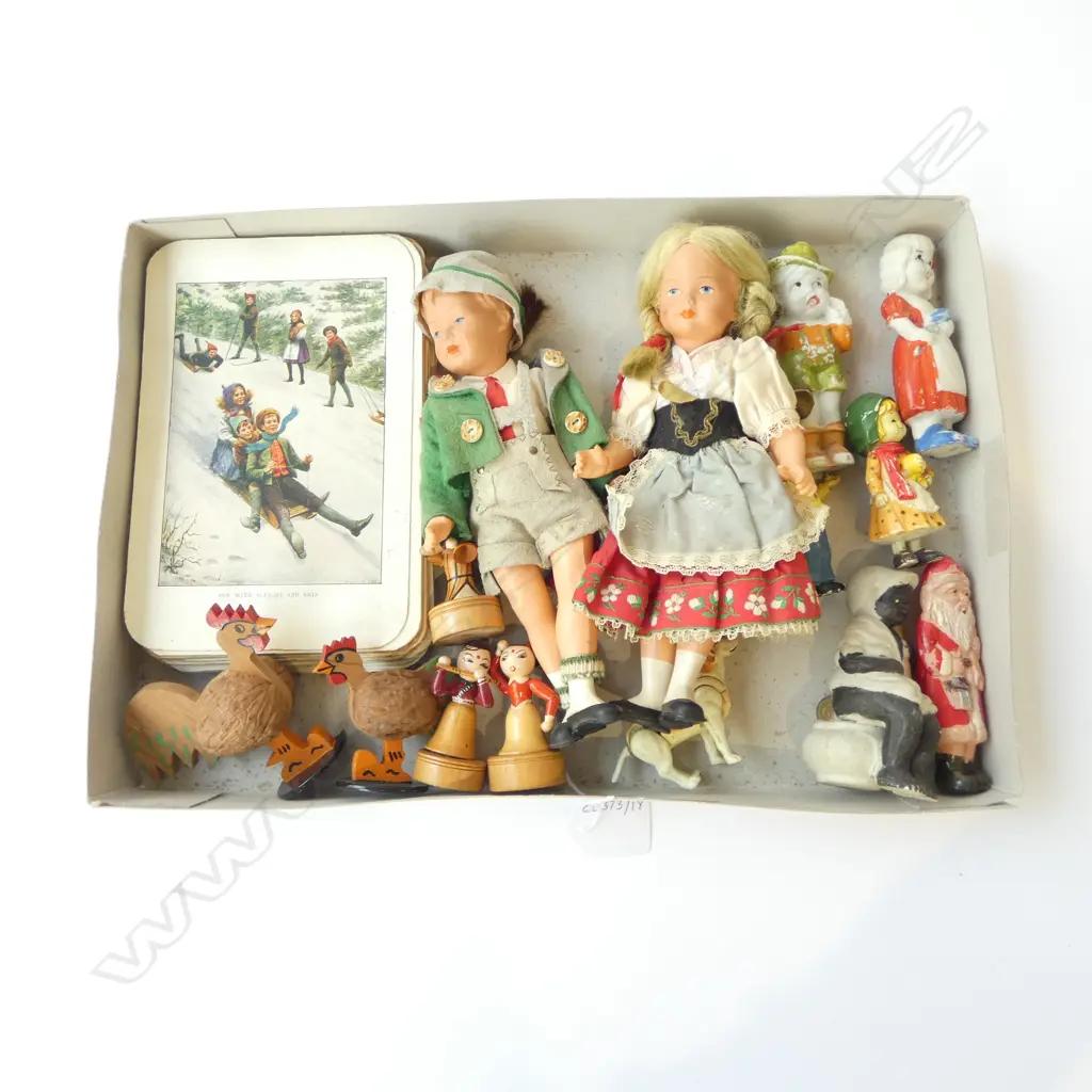 BAVARIAN DOLLS, BISQUE CHILD FIGURES, WALNUT ROOSTERS, CARDS ETC  Image 1++