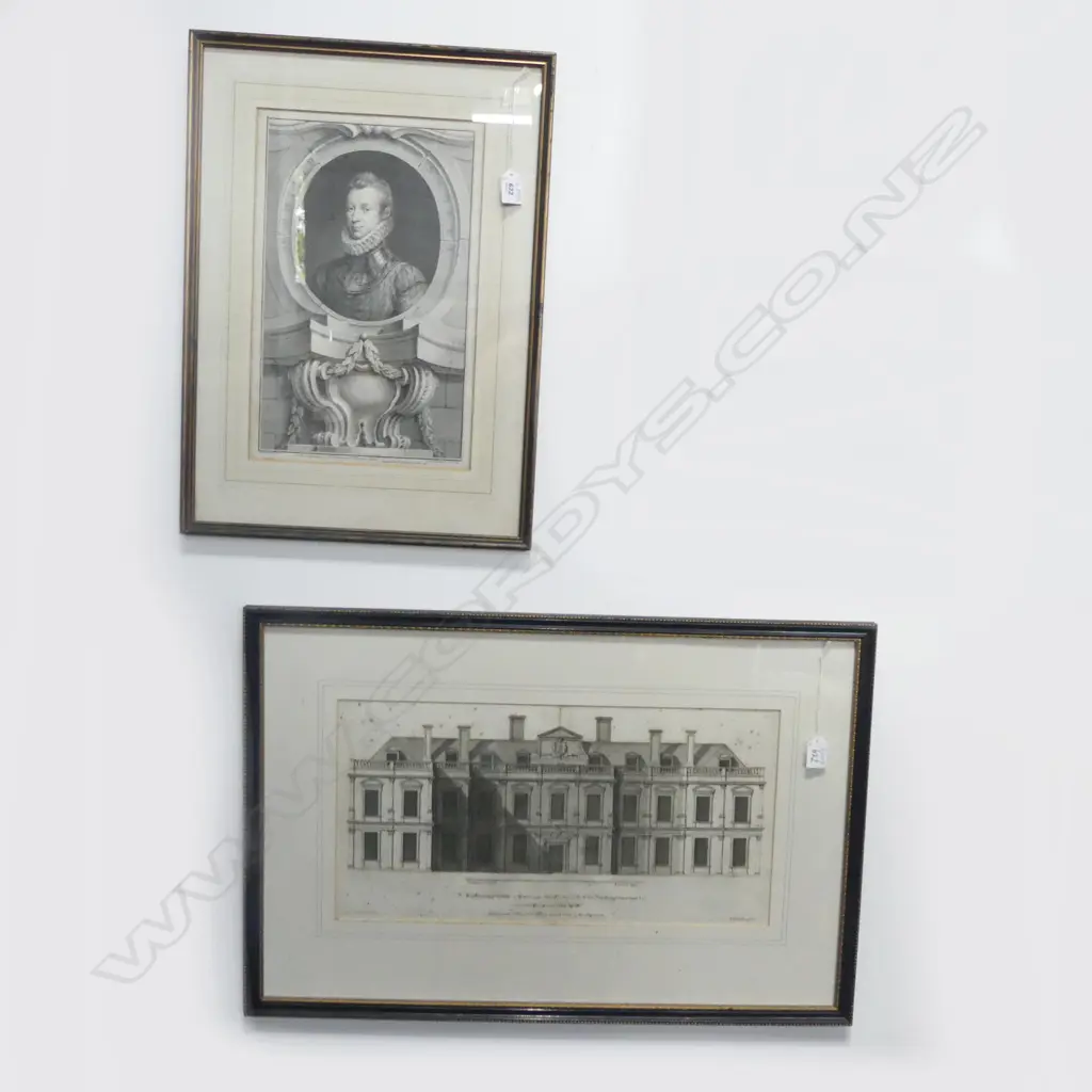 2 ANTIQUE ETCHINGS; SIR PHILLIP SYDNEY 380x245mm + ARCHITECTURAL ELEVATION ALTHROP HOUSE 260x505mm foxing Image 1++