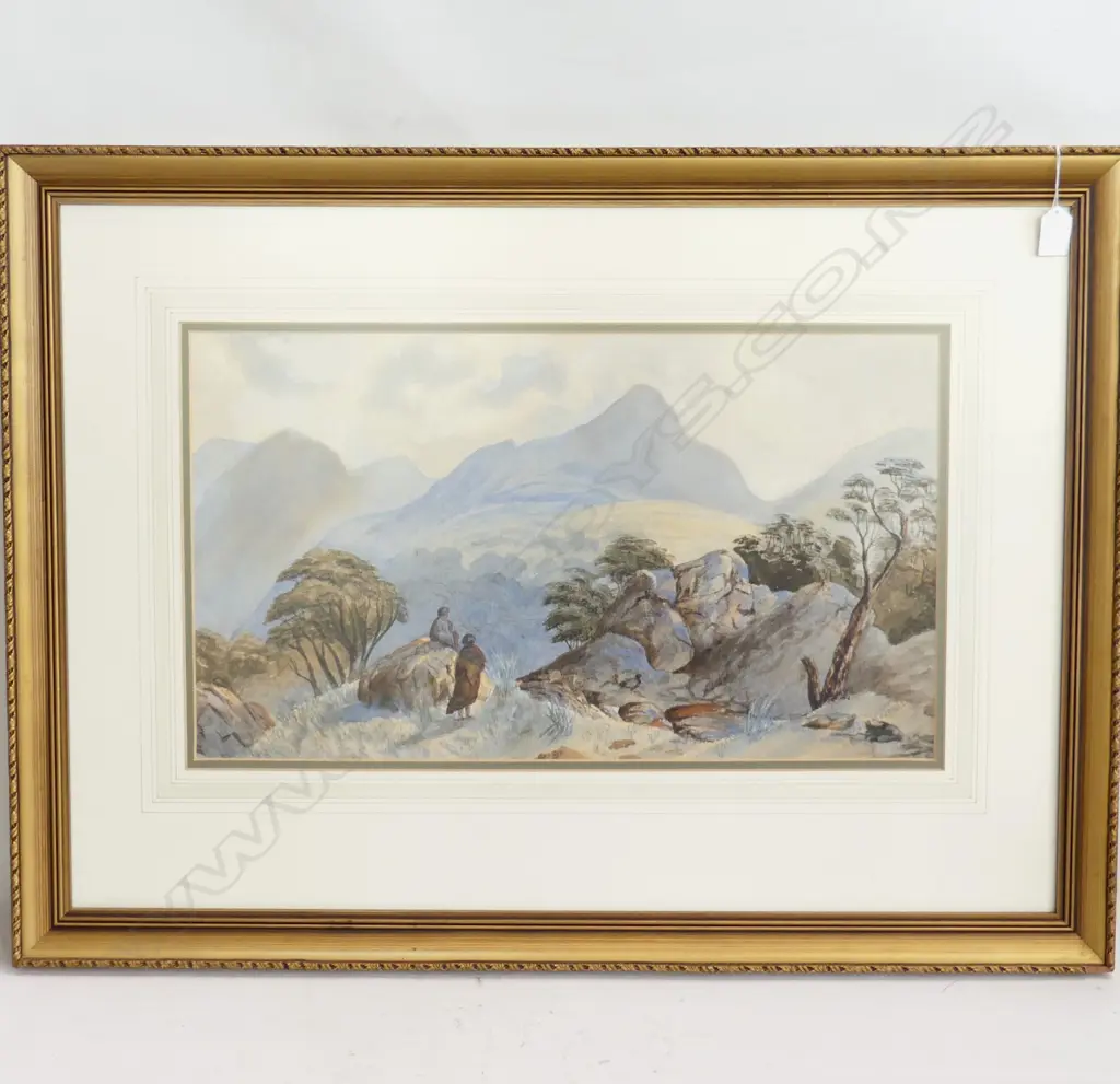 19thC NZ COLONIAL W/C w. 2 MAORI FIGURES IN EXTENSIVE LANDSCAPE - INDISTINCTLY SIGNED 315x550mm Image 1++