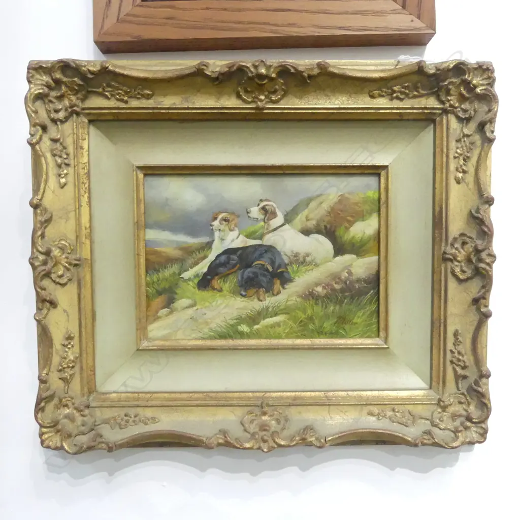 19THC OIL PAINTING OF DOGS GILT FRAME 130 x 170mm Image 1++
