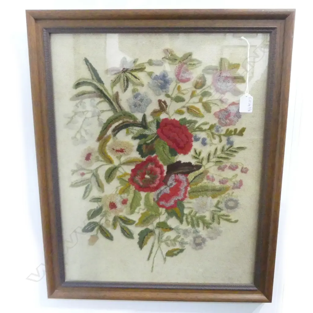 FRAMED CREWEL WORK FLORAL EMBORIDERY 525x420mm Image 1++