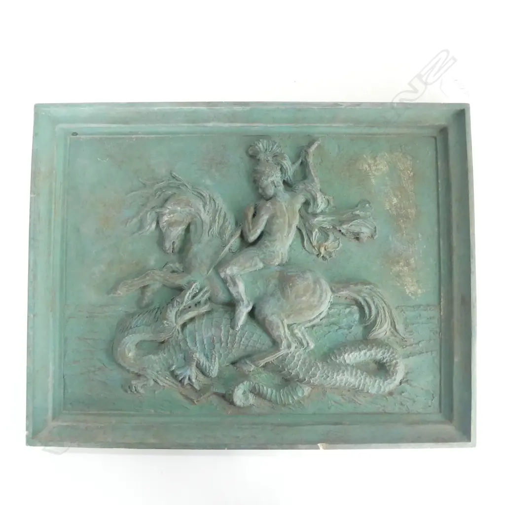 PLASTER PAINTED PLAQUE ST GEORGE & THE DRAGON Image 1++