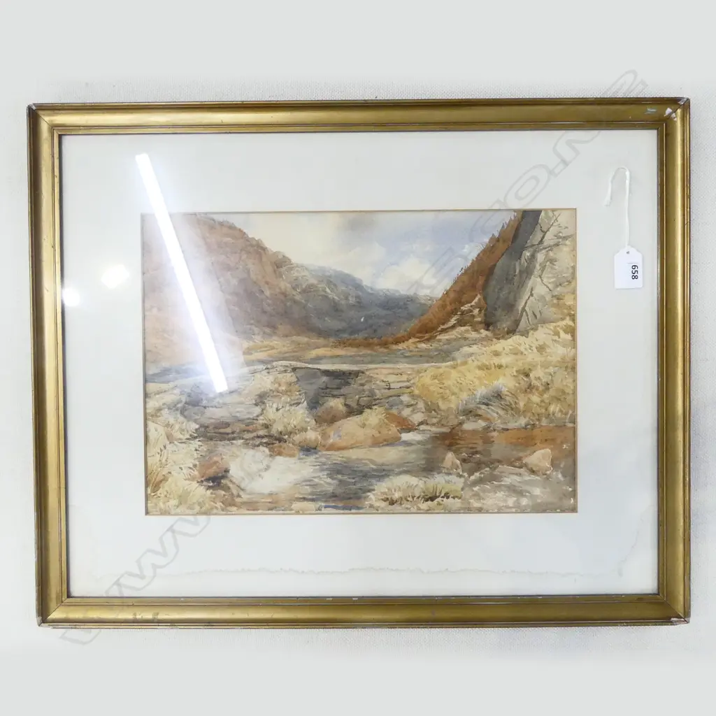 19thC LANDSCAPE WC, ARTIST UNKNOWN 260x375mm Untitled river valley scene. Very finely painted. Water marks to mount. Image 1++