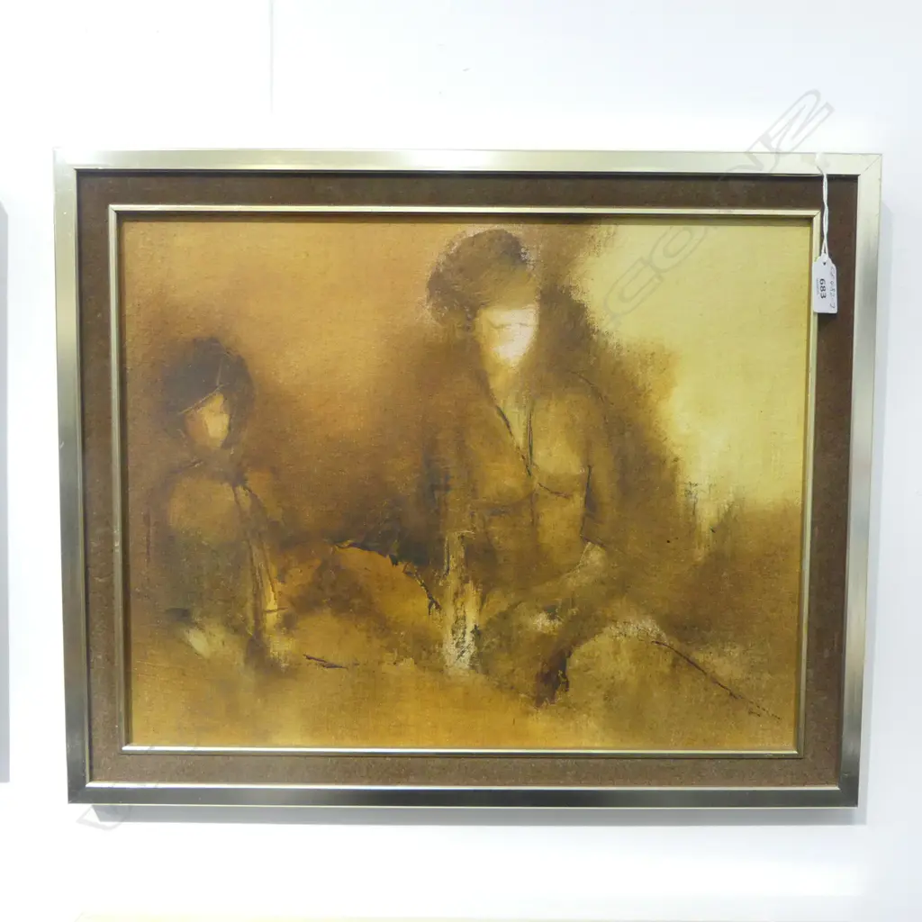 MARGERET WOOLLEY untitled two woman OIL ON CANVAS BOARD signed & dated 1982 verso 345 x 440mm Image 1++