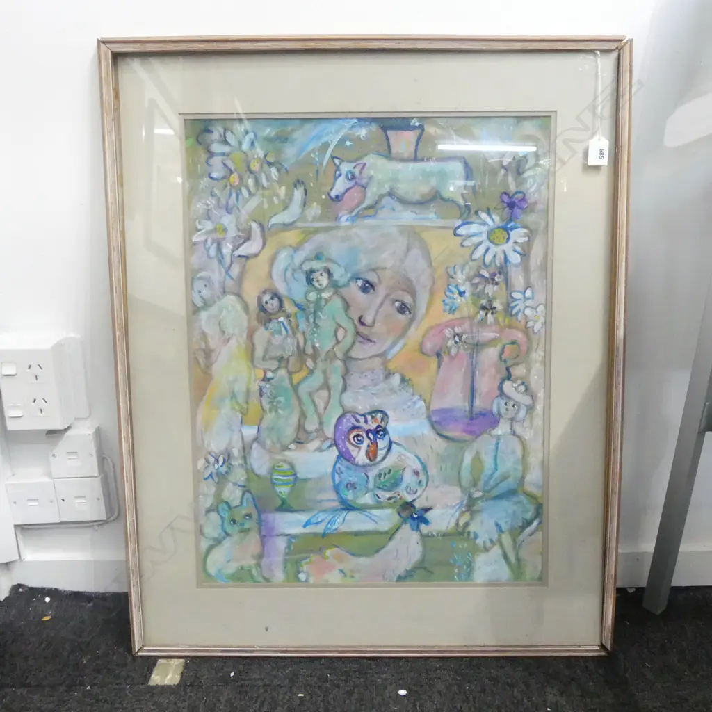 ELINORE GINN 'PORTRAIT THROUGH A CABINET OF CURIOSITIES' - GOUACHE  600 x 450mm FRAME FAULTED Image 1++