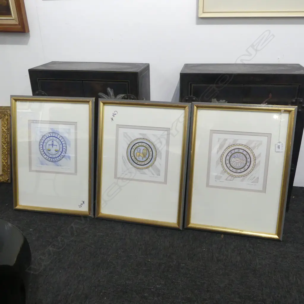 3 FRAMED PRINTS OF STAR SIGNS by MARY DE LISLE' CANCER, LEO & LIBRA 185x185mm Image 1++