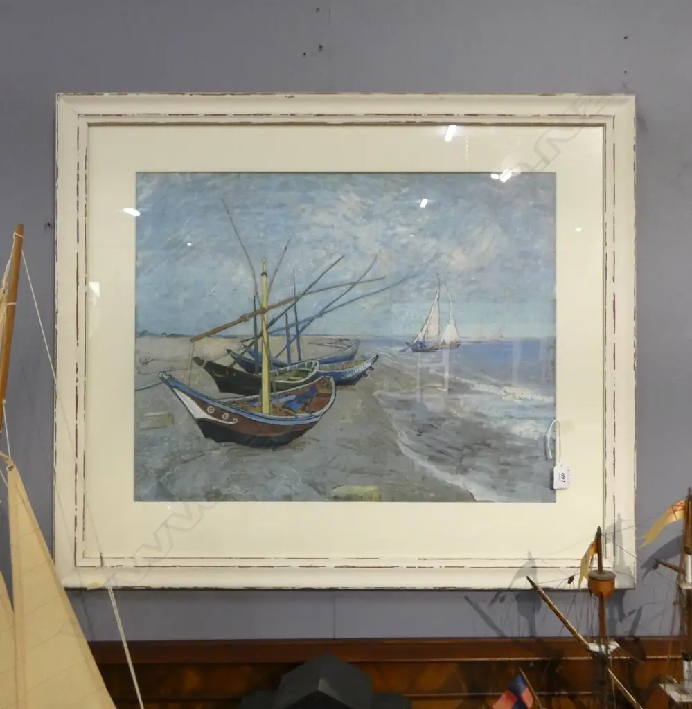 VAN GOGH, FISHING BOATS ON THE BEACH AT LES SAINTES-MARIES0DE-LA-MER, PRINT, VAN GOGH MUSEUM LABEL REVERSO, 445x570mm Image 1++