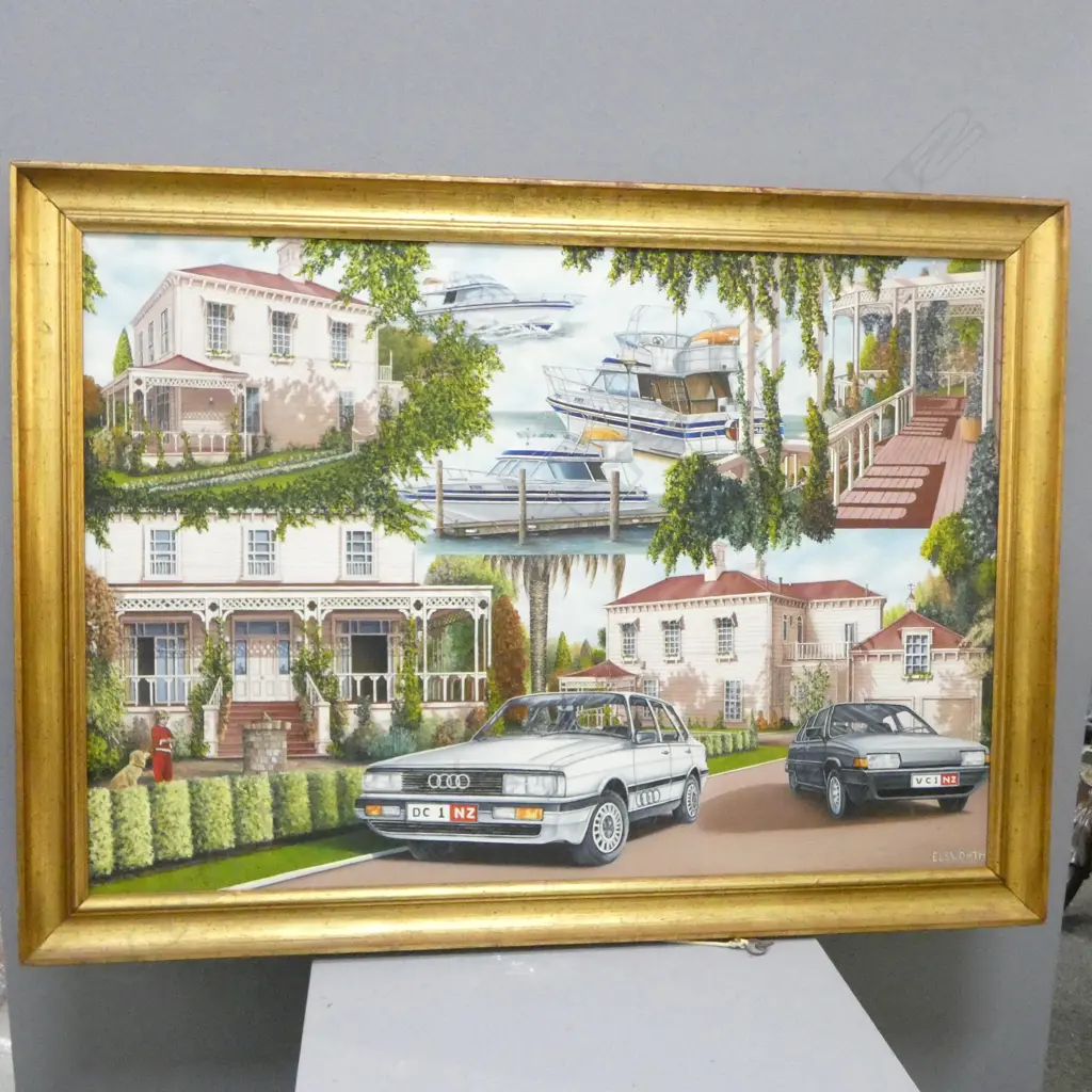 HOUSE AT 37 PORTLAND RD / BOAT / CAR PORTRAIT SIGNED ELSWORTH, ACRYLIC ON CANVAS 625x900mm Image 1++