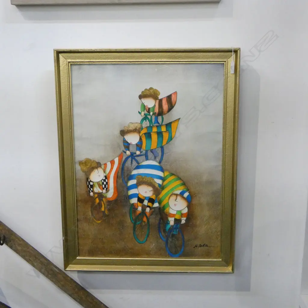 SIGNED ACRLIC ON CANVAS AFTER JOYCE ROYBAL 'THE CYCLISTS' 595x445mm Image 1++