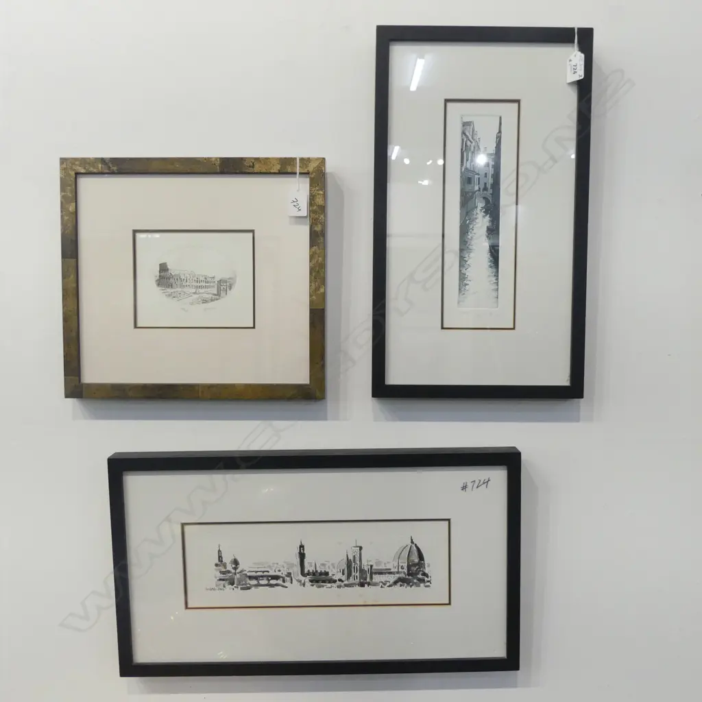 FLORENCE, PEN & INK 100 X 330mm (foxing), VENICE CANAL ETCHING 280 x90mm & COLOSSEUM ROME, ETCHING 177/300,120x150mm Image 1++