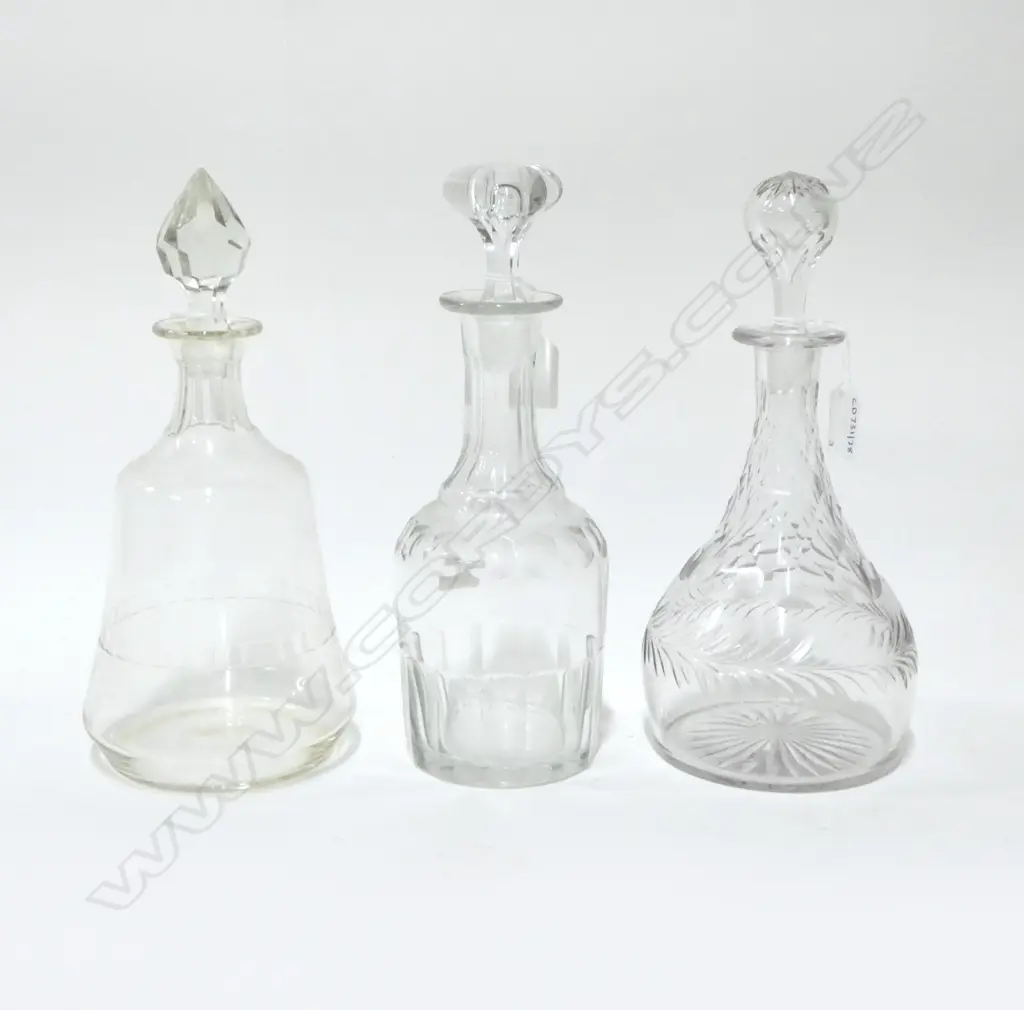 3 ANTIQUE CUT GLASS DECANTERS H290MM Image 1++