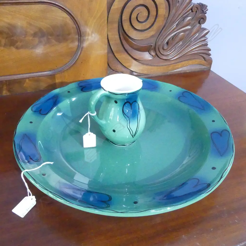 LARGE N.Z. STUDIO CERAMICS STAMPED SHALLOW BOWL Dia.420mm + JUG H.130mm Image 1++