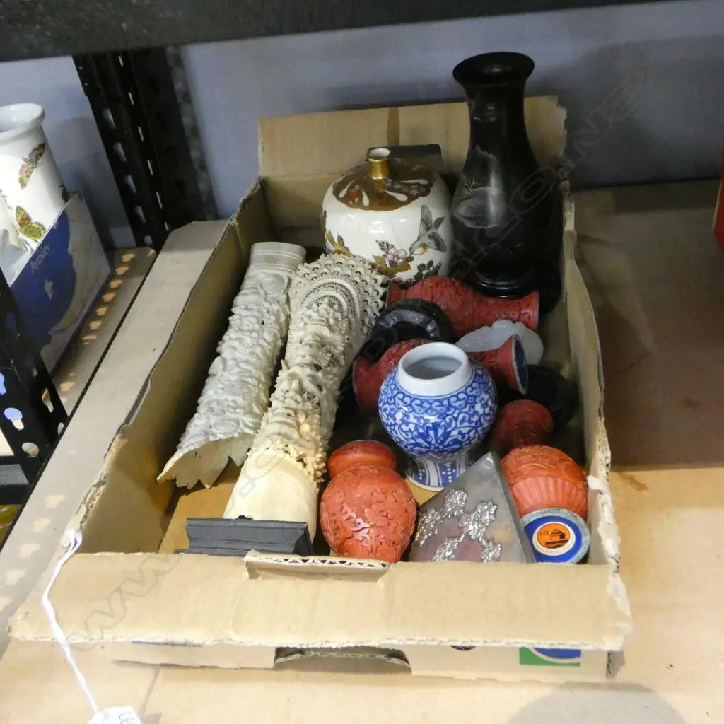 ASST. ORIENTAL ITEMS; CINNABAR VASES, INDONESIAN CARVED BONES, ETC Image 1++