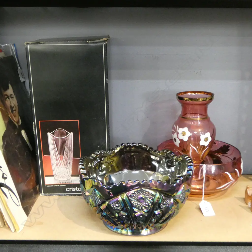 PINK GLASS BOWL & VASE H.215mm, CARNIVAL GLASS BOWL 215mm dia + CRISTAL D'ARQUES VASE H.300mm Image 1++