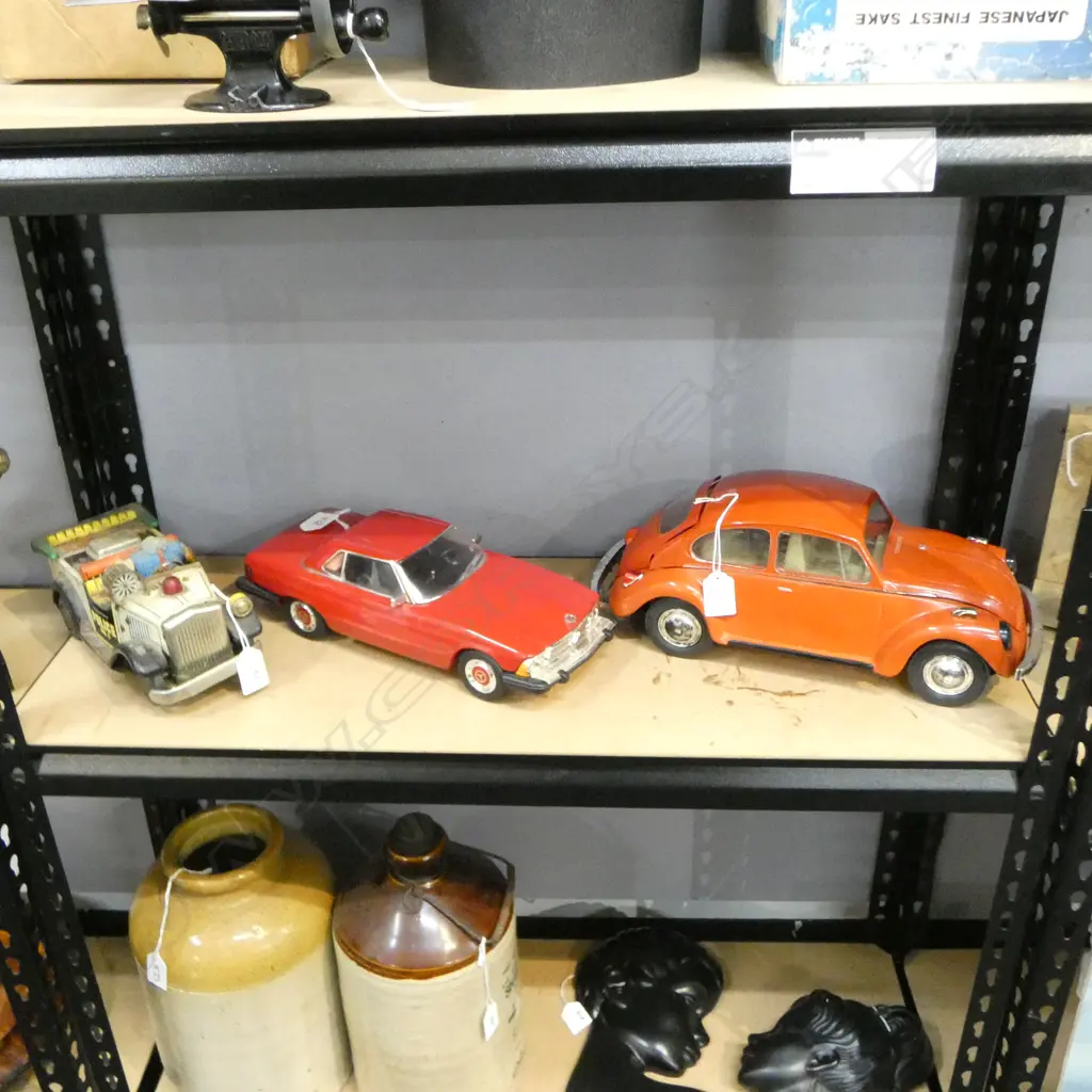 2 CAST METAL MODEL CARS MERCEDES L330MM VW L360MM &  VINTAGE TIN TOY  POLICE CAR DRIVER NO HEAD L250MM Image 1++
