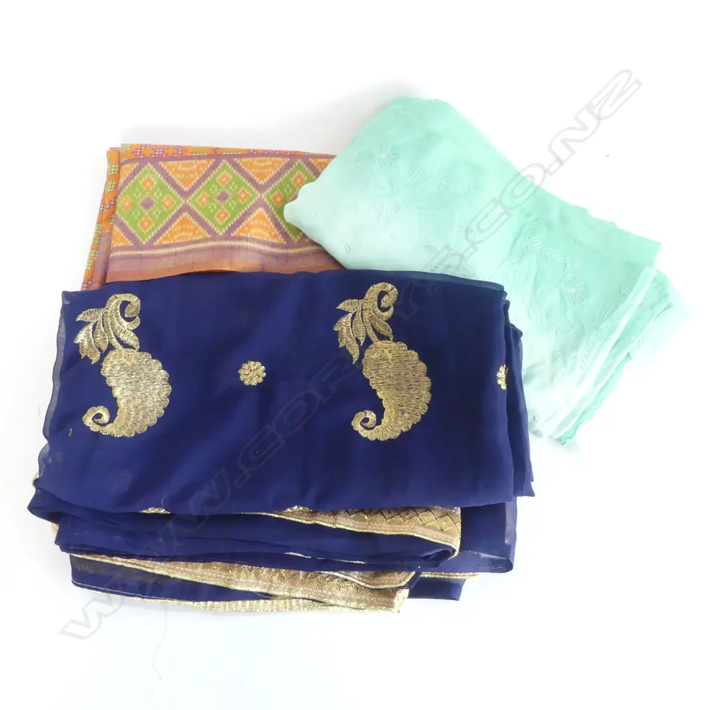 3 INDIAN SARI: Navy with gold embroidery + orange printed + pale green embroidered Image 1++