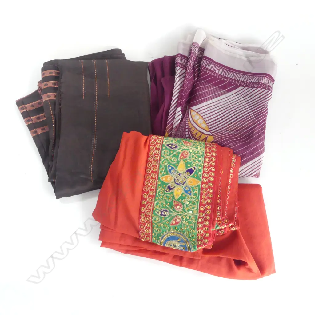 3 INDIAN SARI: Orange w wide embroidered border + maroon printed + chocolate toned w stripes Image 1++