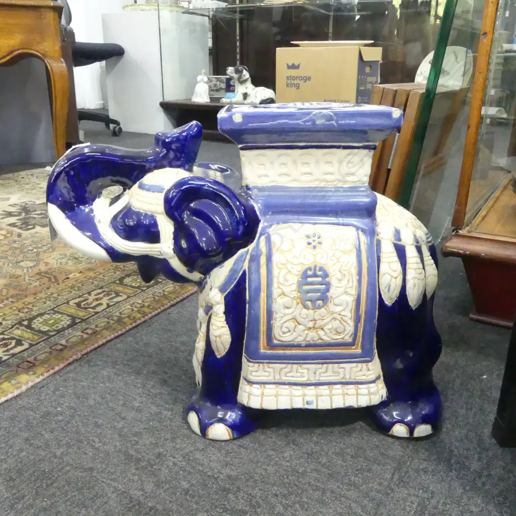 BLUE CERAMIC ELEPHANT STOOL H.395mm Image 1++