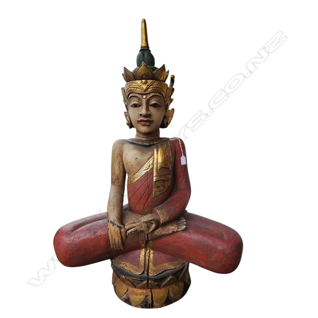 LGE THAI CARVED WOOD SEATED BUDDHA IN LOTUS POSE red & gilt painted H.1100mm Ex. Monsoon Poon restaurant. Image 1++