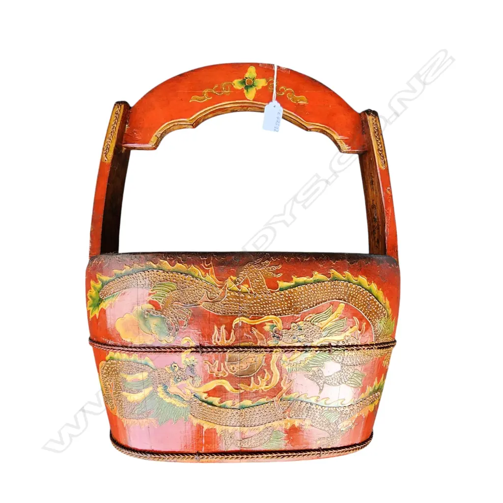 ORIENTAL RED LACQUERED COOPERED CONTAINER with over-head handle finely dragon decorated H.500mm Image 1++