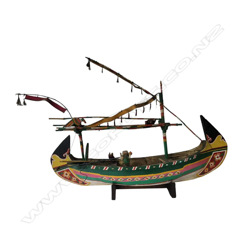 THAILAND DECORATIVELY CARVED & PAINTED MODEL SHIP on stand L.840mm Ex. Monsoon Poon restaurant. Image 1++