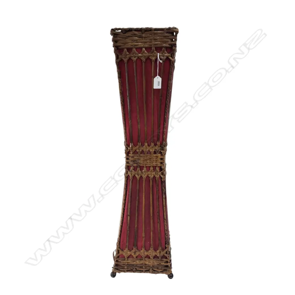 TALL VINTAGE WOVEN CANE FRAMED TABLE LAMP w red cotton lining H.800mm Ex. Monsoon Poon restaurant.  Image 1++