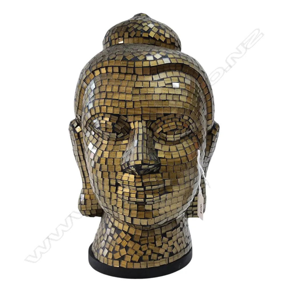 BUDDHA HEAD LAMP OF GOLDEN SMALL MIRRORED SECTIONS on short black base H.395mm Ex. Monsoon Poon restaurant.  Image 1++