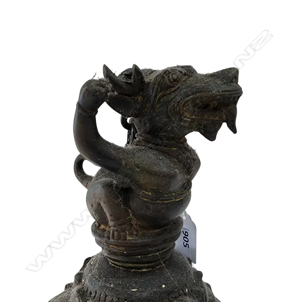 OLD BRONZE THAI HANGING LARGE BELL  with clapper. Demonic figural finial top with chain H.325mm Image 1++