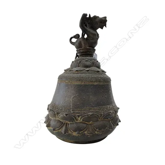OLD BRONZE THAI HANGING LARGE BELL  with clapper. Demonic figural finial top with chain H.325mm
