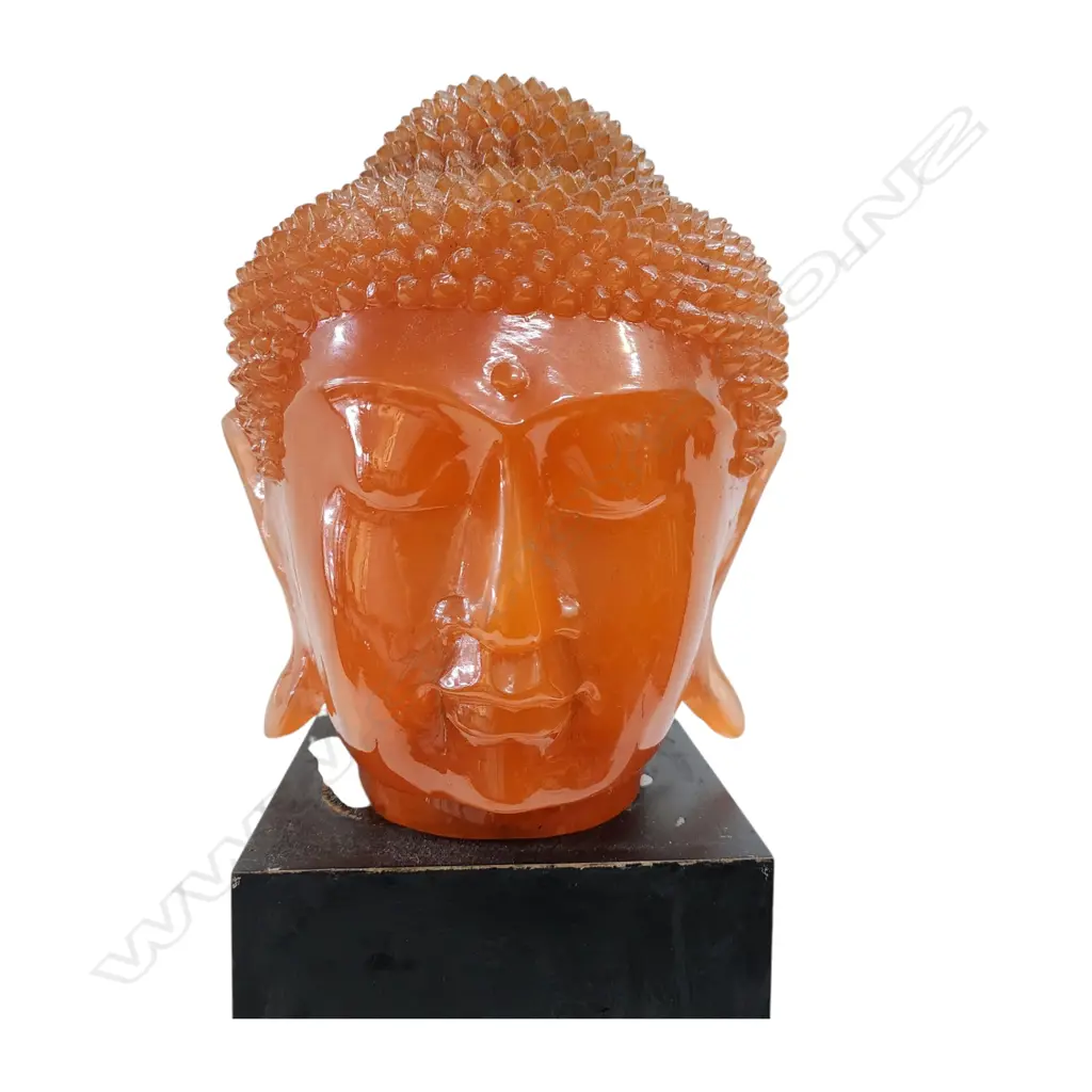 ORANGE  ACRYLIC BUDDHA HEAD LAMP H.250mm. On black painted stand Ex. Monsoon Poon restaurant. Image 1++