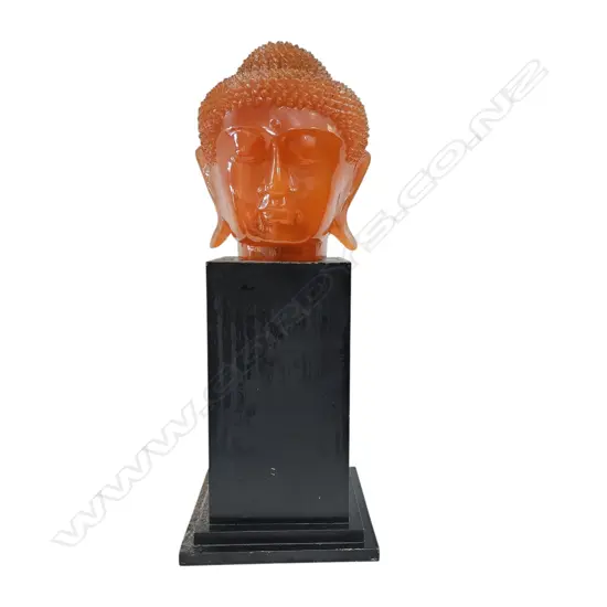 ORANGE  ACRYLIC BUDDHA HEAD LAMP H.250mm. On black painted stand Ex. Monsoon Poon restaurant.
