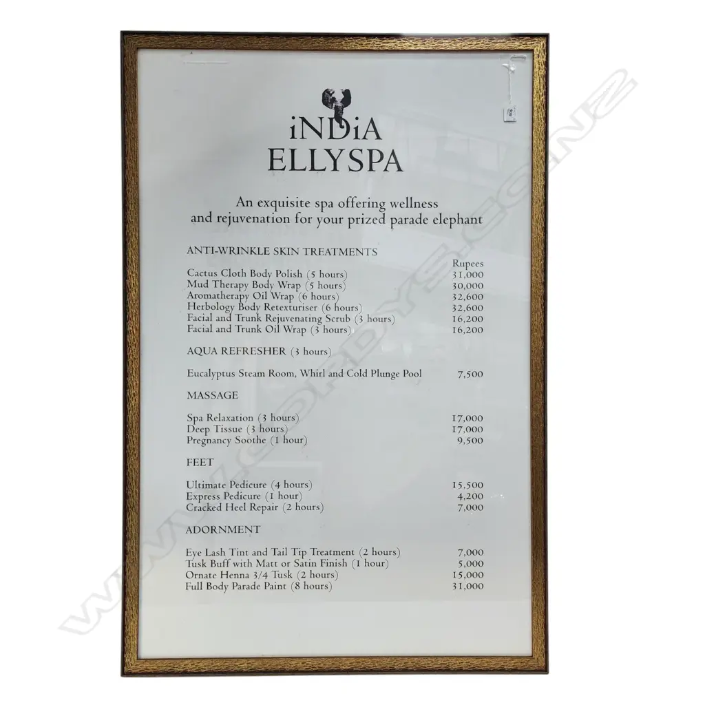 FRAMED POSTER PRICE LIST FOR AN ELEPHANT SPA 'iNDiA ELLYSPA' 1140 X 745mm Image 1++
