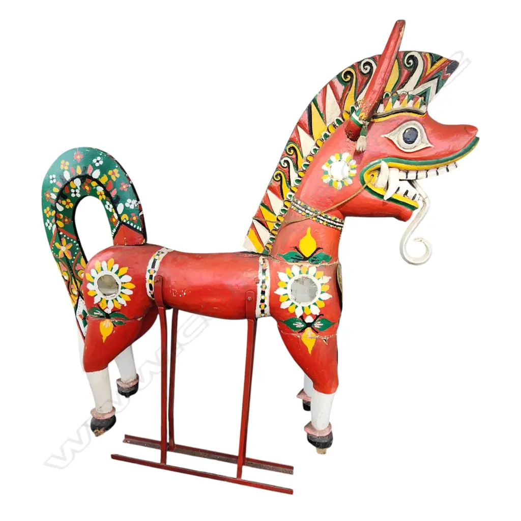 LARGE VINTAGE THAI CARVED & RED PAINTED MODEL HORSE 0n metal stand H.1600mm. Ex. Monsoon Poon restaurant Auckland. Image 1++