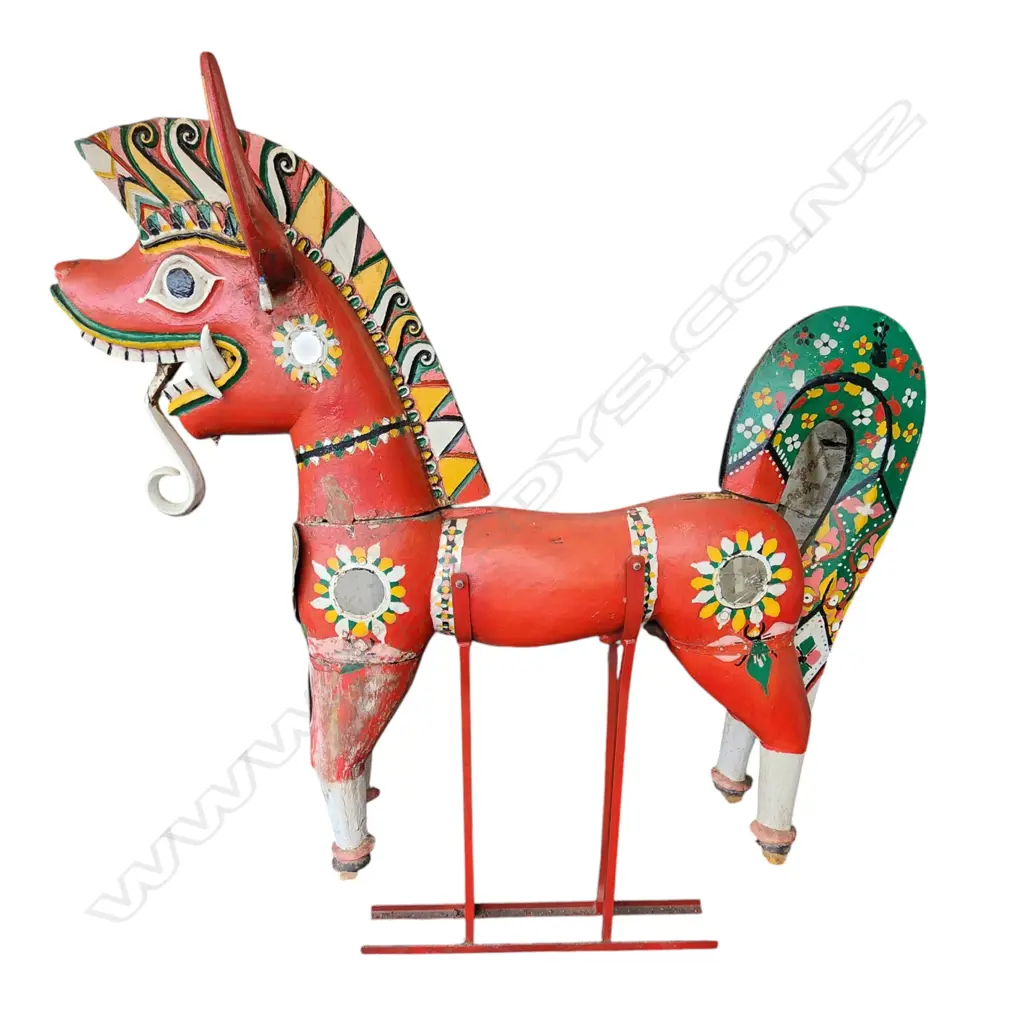 LARGE VINTAGE THAI CARVED & RED PAINTED MODEL HORSE 0n metal stand H.1600mm. Ex. Monsoon Poon restaurant Auckland. Image 1++