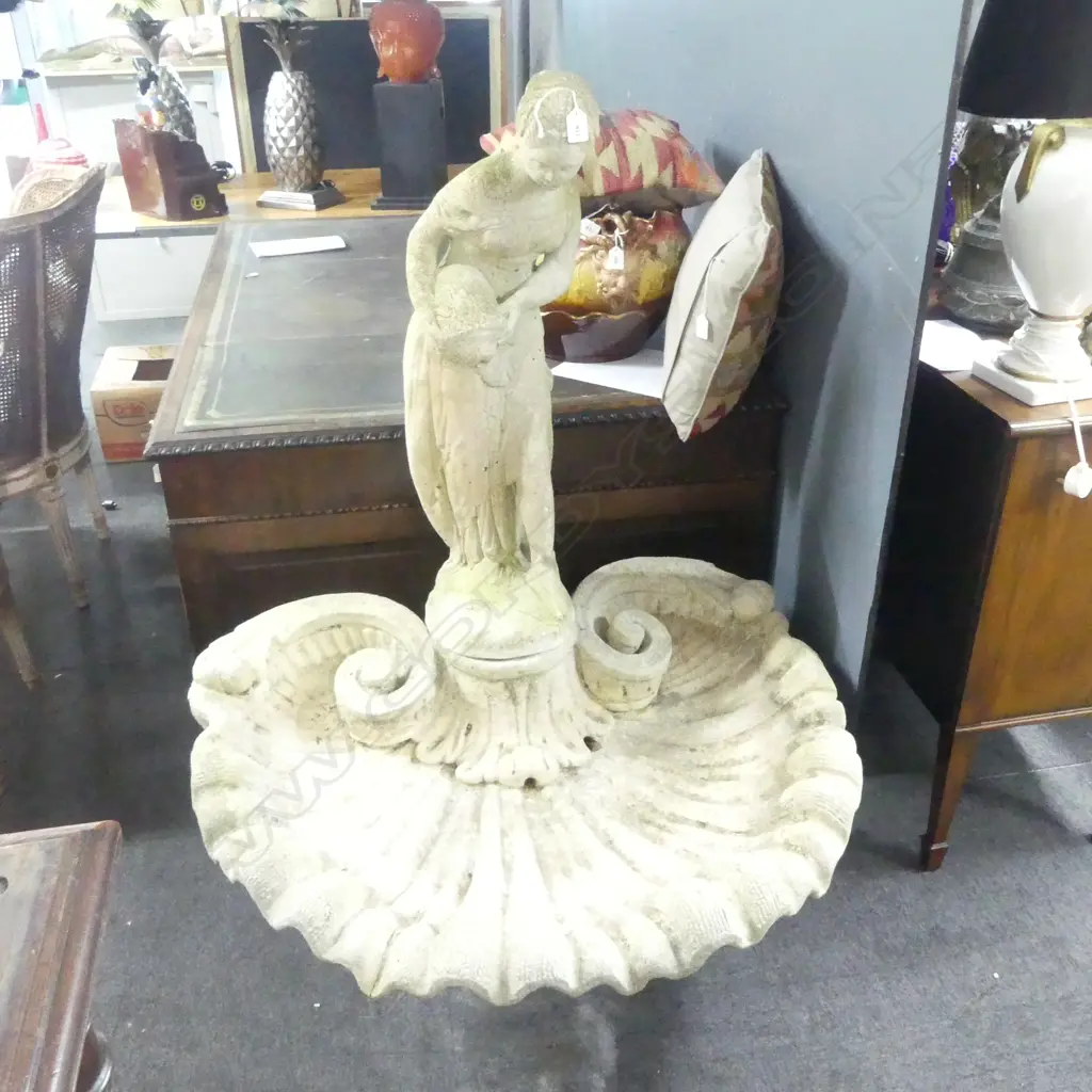 LARGE HEAVY CONCRETE WATER FOUNTAIN; CLASSICAL FIGURE ON SHELL W.1060mm... Image 1++
