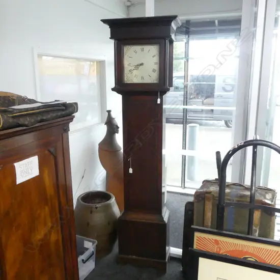 GEORGE III LONGCASE CLOCK painted dial. Bell striking. Mahogany case