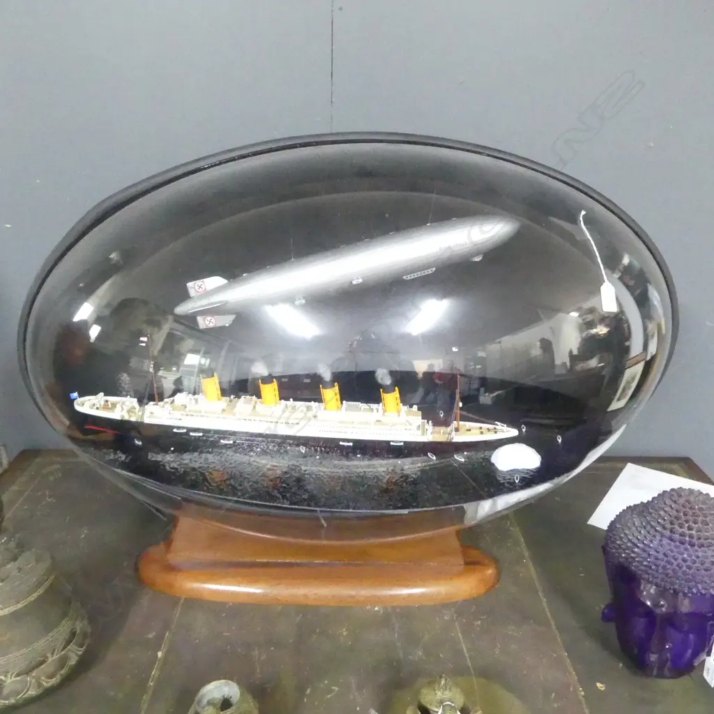 LG MODEL; SINKING TITANIC + HINDENBURG IN EGG SHAPED DISPLAY CASE 1000x550x700mm Image 1++