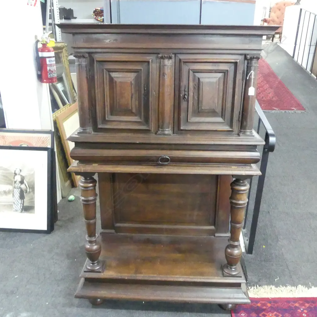 19thC CONTINENTAL WALNUT CABINET ON STAND 2 panelled cupboards above open base w lower shelf. Turned columns. H.1535mm Image 1++