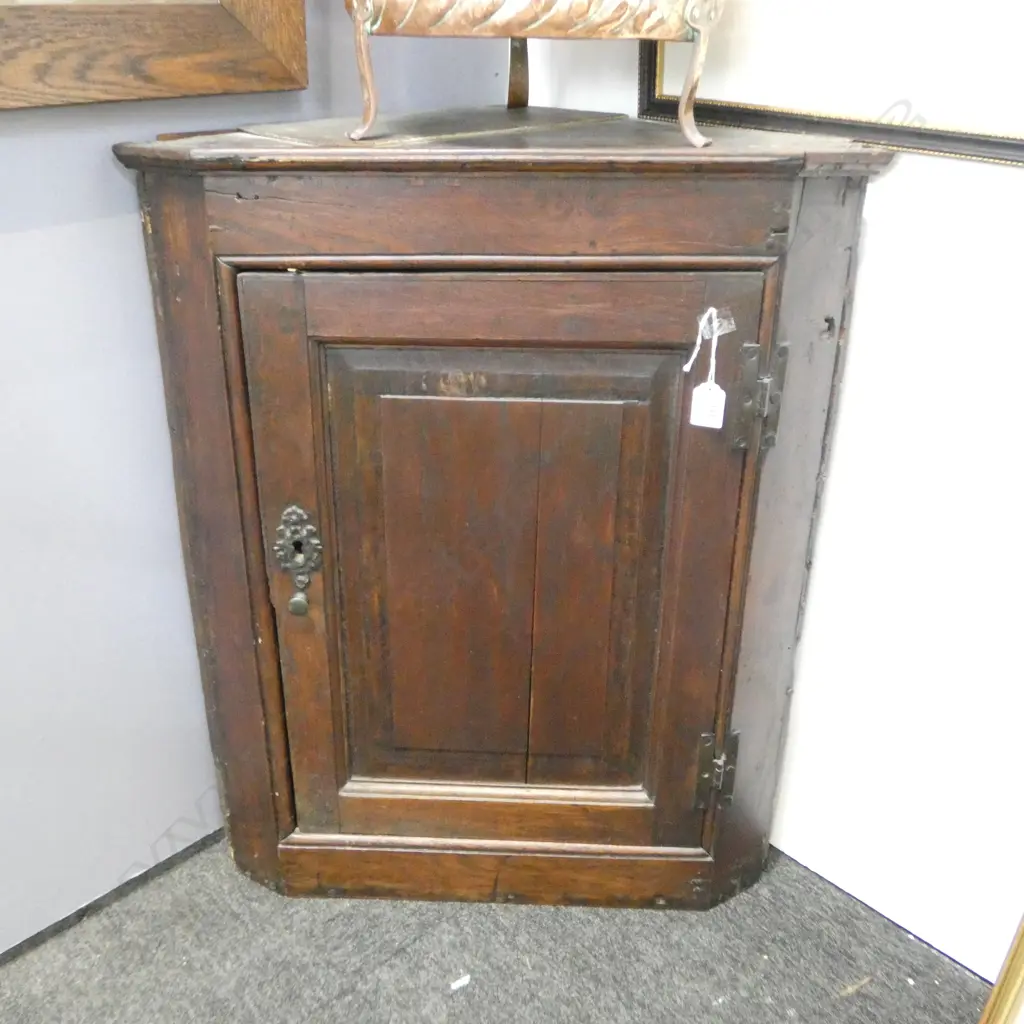 SMALL PROPORTION GEORGE III OAK HANGING CORNER CUPBOARD panelled door Image 1++