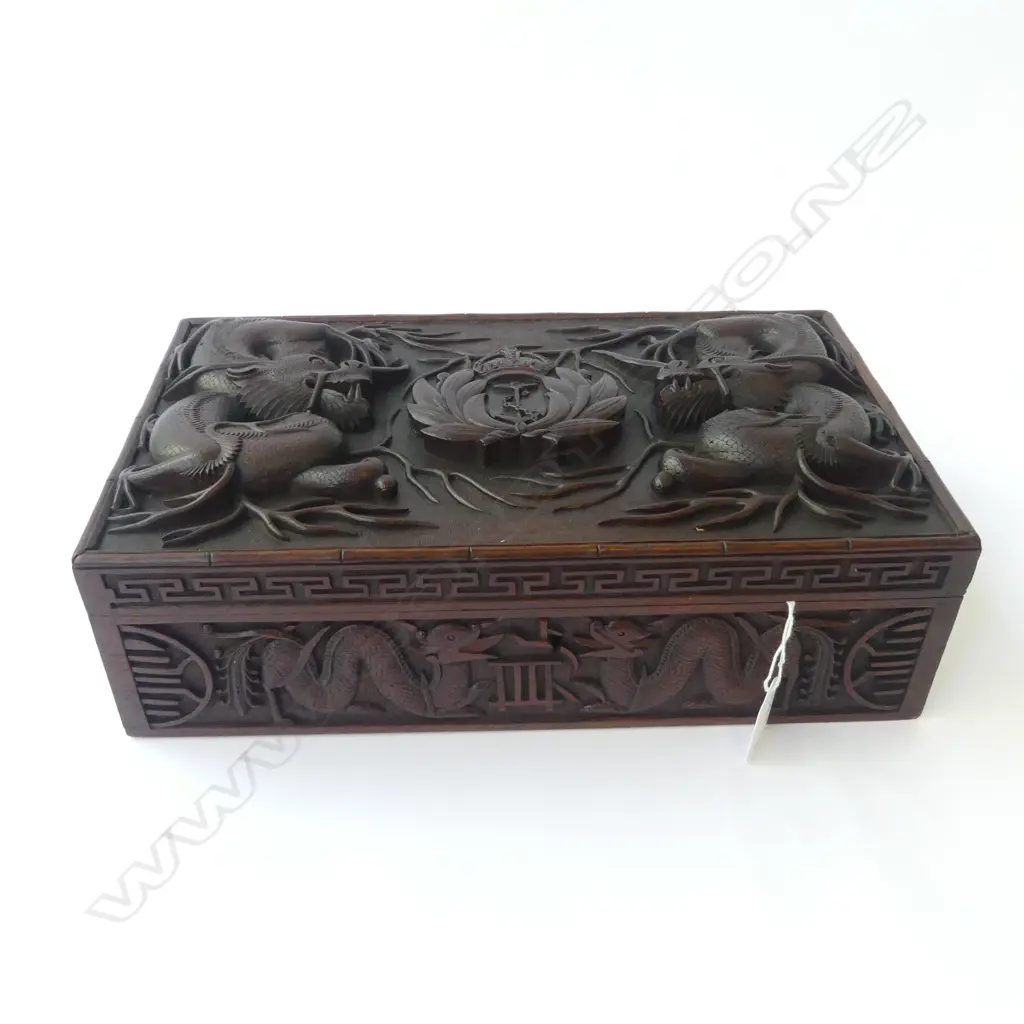 WOOD CARVED ANGLO ORIENTAL TEA CADDY 330x190x100mm Image 1++