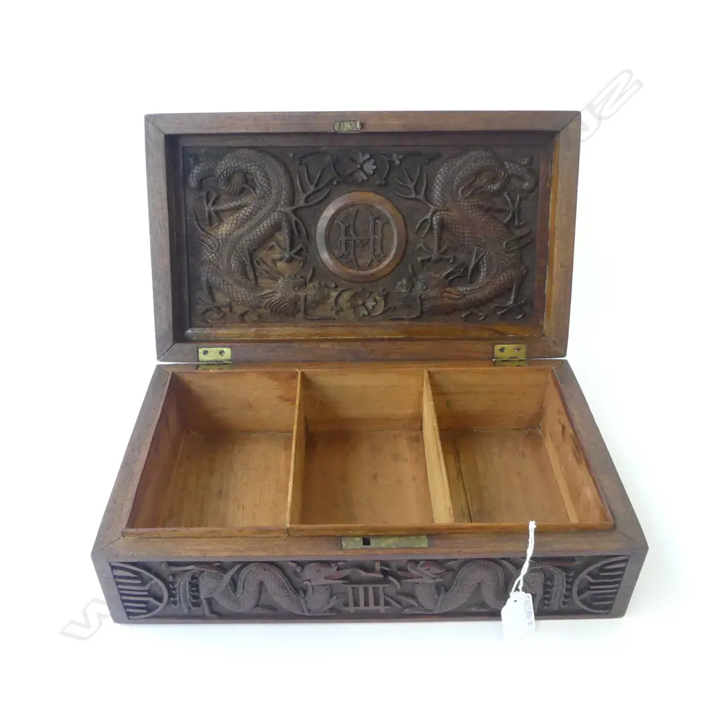 WOOD CARVED ANGLO ORIENTAL TEA CADDY 330x190x100mm Image 1++