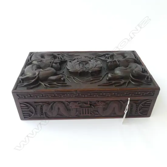 WOOD CARVED ANGLO ORIENTAL TEA CADDY 330x190x100mm