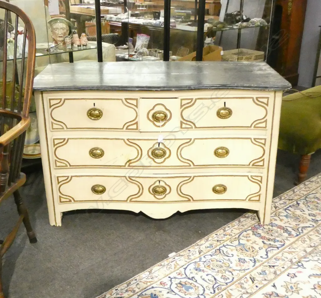 ANTIQUE PAINTED 5 DRAWER CHEST 1260x620x750mm. Painted faux marble top. IN RUSTIC CONDITION Image 1++