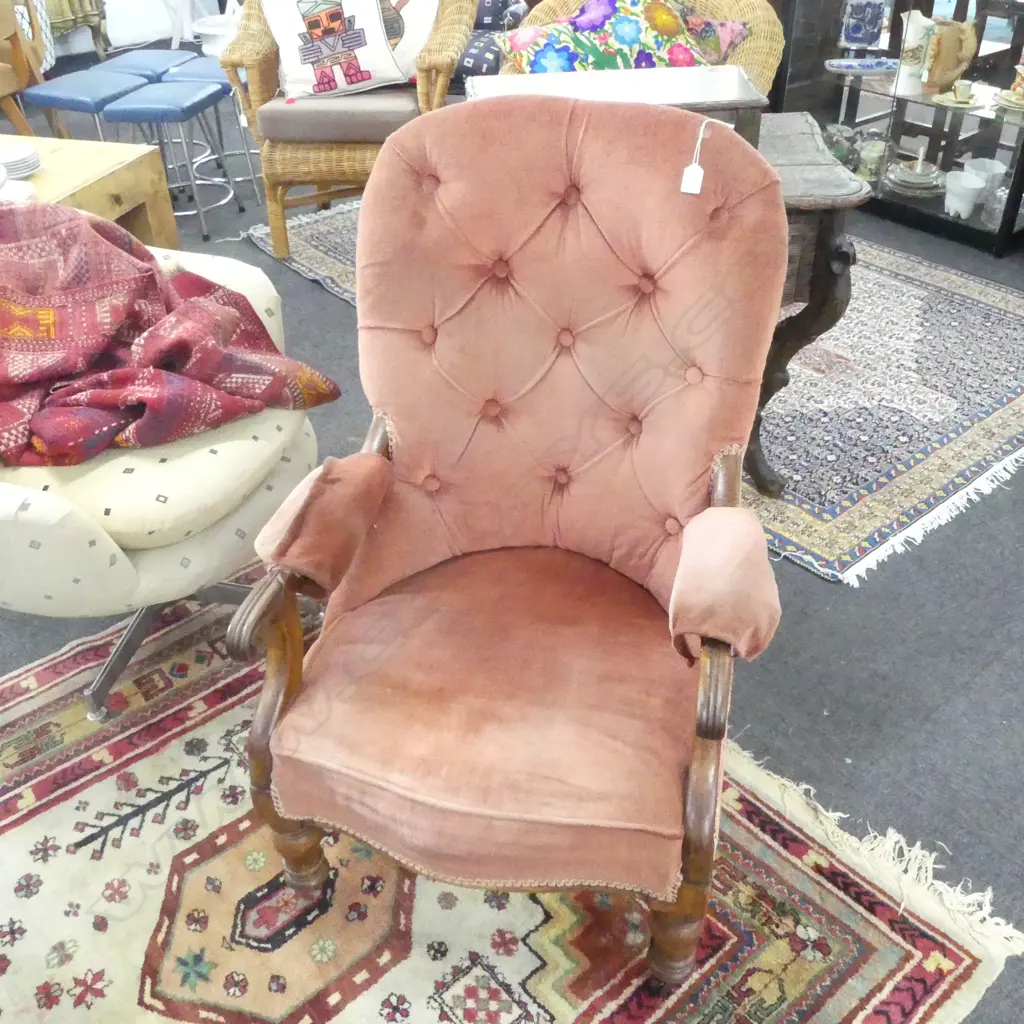 WMIV MAHOGANY FRAMED & VELVET UPHOLSTERED ARMCHAIR Image 1++