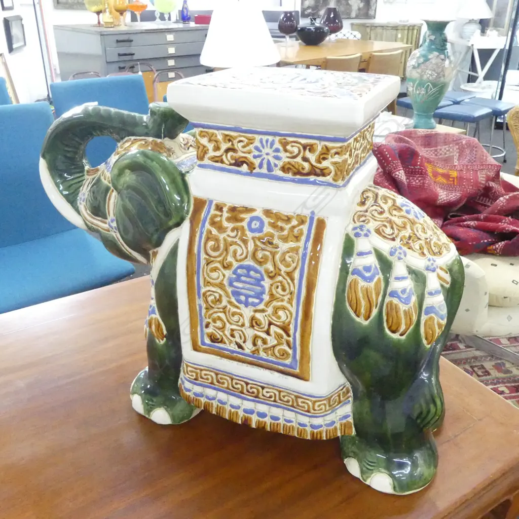 GREEN GLAZED ELEPHANT STOOL H.420mm Image 1++