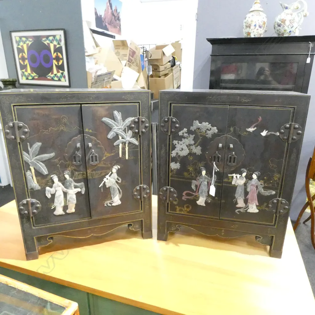 PR CHINESE LACQUER CABINETS, CARVED STONE EMBELLISHMENTS 440x200x550mm Image 1++