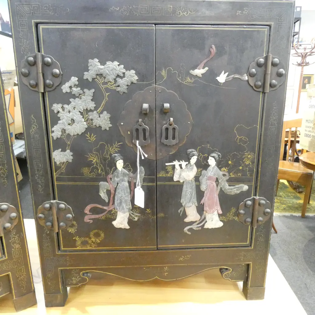PR CHINESE LACQUER CABINETS, CARVED STONE EMBELLISHMENTS 440x200x550mm Image 1++
