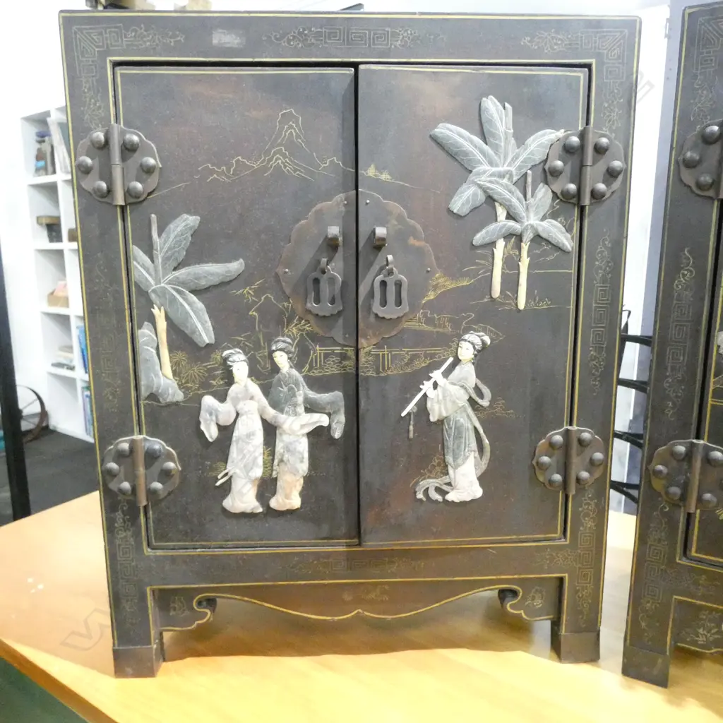 PR CHINESE LACQUER CABINETS, CARVED STONE EMBELLISHMENTS 440x200x550mm Image 1++