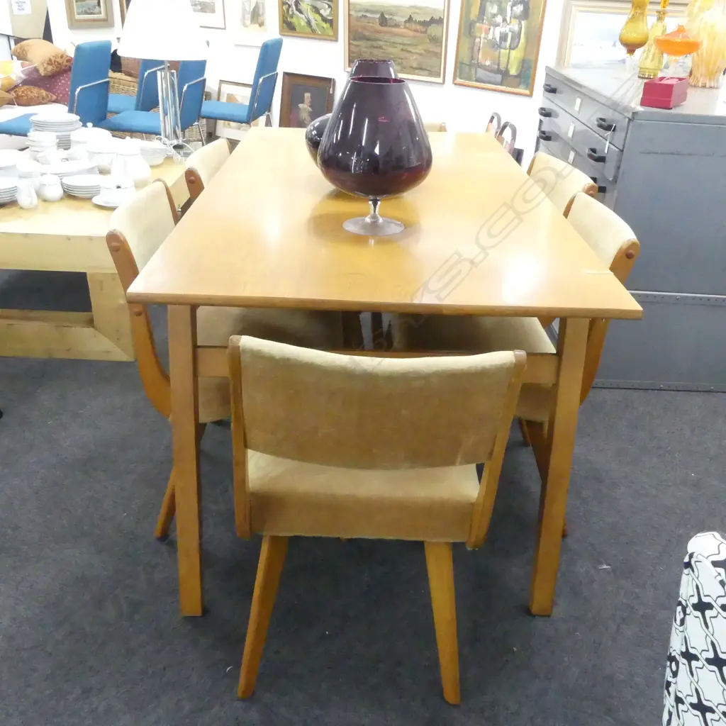 JON JANSEN NZ MID-CENTURY FLOATING TOP TABLE + 6 CHAIRS [TABLE LEG HAS BEEN BRACED] L1500xW800MM+/- Image 1++