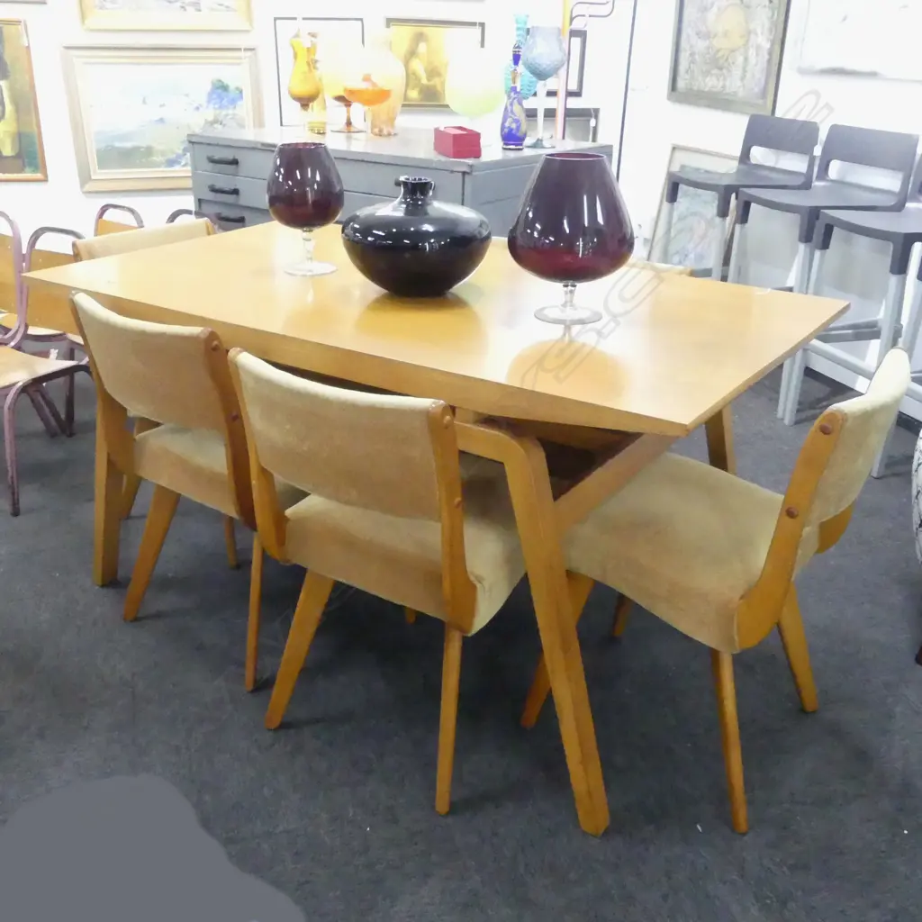 JON JANSEN NZ MID-CENTURY FLOATING TOP TABLE + 6 CHAIRS [TABLE LEG HAS BEEN BRACED] L1500xW800MM+/- Image 1++